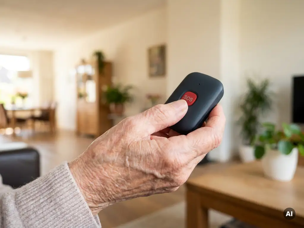 Oudere vrouw houdt een zwart persoonlijk alarmeringsapparaat vast met zichtbare SOS-knop, in een lichte Nederlandse woning.