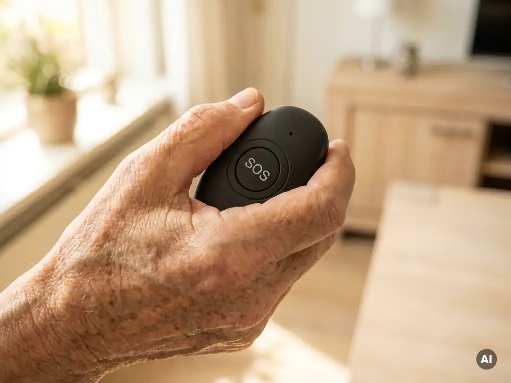 Oudere hand met zichtbare aderen en leeftijdsvlekken die een zwart SOS-persoonlijk alarm vasthoudt in een lichte Nederlandse woonkamer.