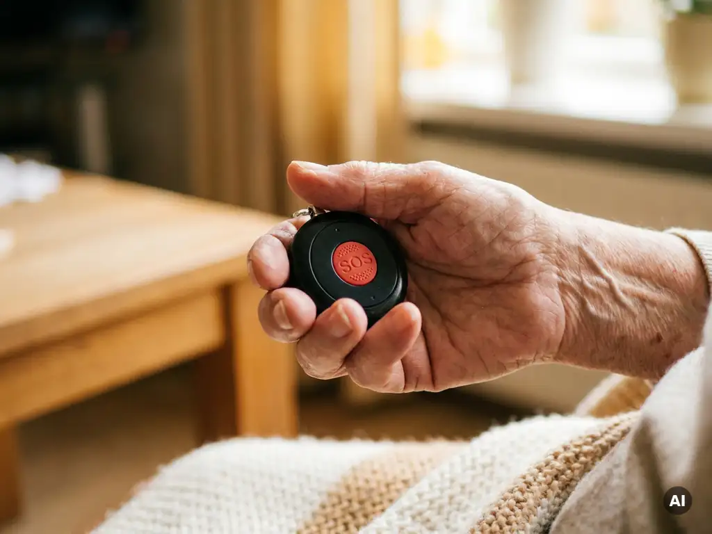 Bejaarde hand houdt zwart persoonlijk alarmpendant met zichtbare SOS-knop vast, warm Nederlands interieur op de achtergrond.