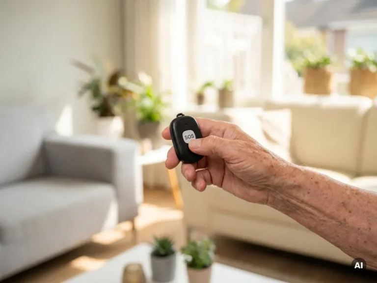 Bejaarde hand met zichtbare aderen drukt op zwart persoonlijk alarmpendant met SOS-knop in lichte Nederlandse woning.