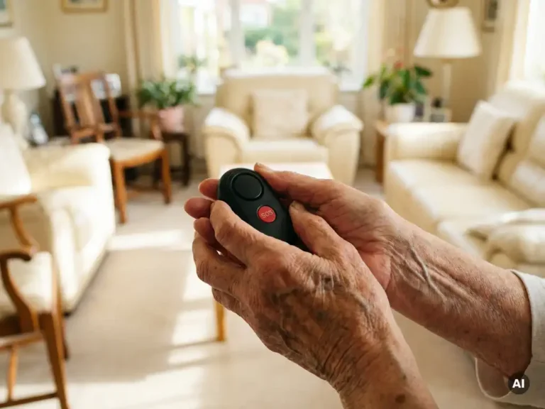 Oudere handen met rimpels en ouderdomsvlekken houden een zwart persoonlijk alarm met SOS-knop vast in een lichte Nederlandse woning.