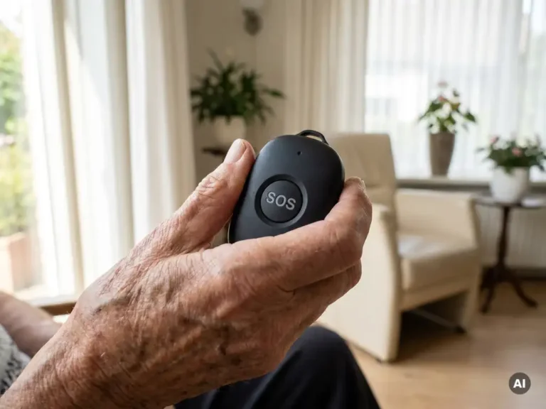 Oudere hand met rimpels en leeftijdsvlekken houdt een zwart persoonlijk alarm met SOS-knop vast in lichte Nederlandse woning.