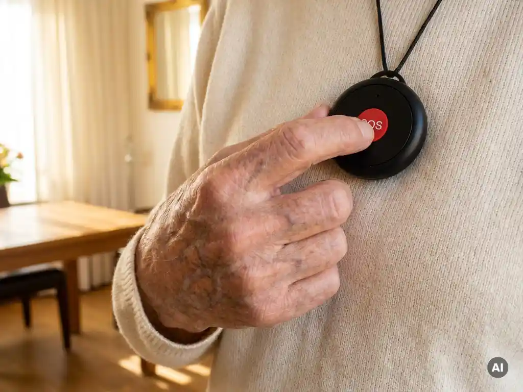 Oudere hand met rimpels en ouderdomsvlekken die op de SOS-knop van een zwart persoonlijk alarmpendant drukt, in lichte Nederlandse woning.