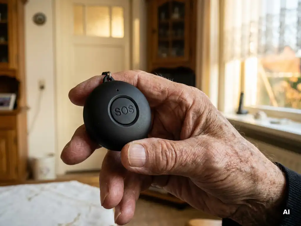 Bejaarde hand met zichtbare aderen houdt een zwart persoonlijk alarmpendant vast met SOS-knop, warm Nederlands interieur op de achtergrond.