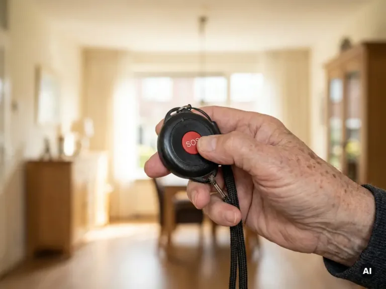 Oudere hand met leeftijdsvlekken die op de SOS-knop van een zwart persoonlijk alarmpendant drukt, warm Nederlands interieur op de achtergrond.