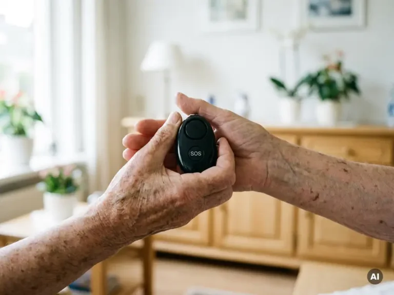 Oudere hand met zichtbare aderen houdt zwart persoonlijk alarmpendant met SOS-knop vast in lichte Nederlandse woning.