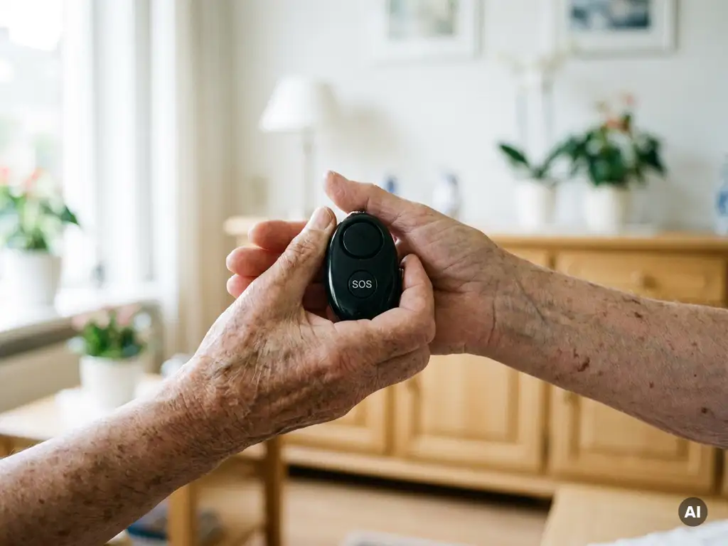 Oudere hand met zichtbare aderen houdt zwart persoonlijk alarmpendant met SOS-knop vast in lichte Nederlandse woning.