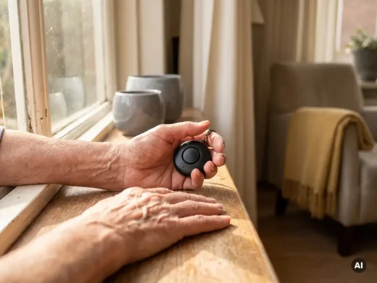 Oudere handen op een zonnige vensterbank met een persoonlijk alarmpendant, warme sfeer in Nederlandse woning.