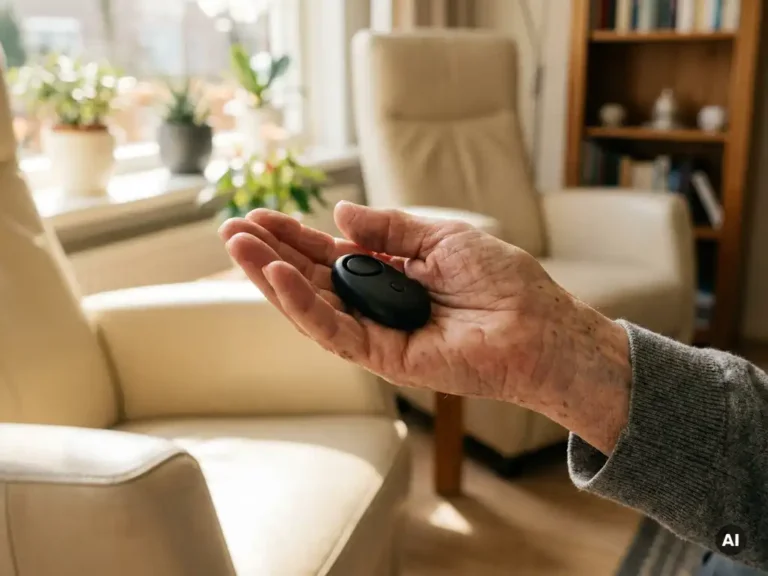 Oudere hand met rimpels houdt een zwart persoonlijk alarmsysteem vast in een zonnige Nederlandse woonkamer.