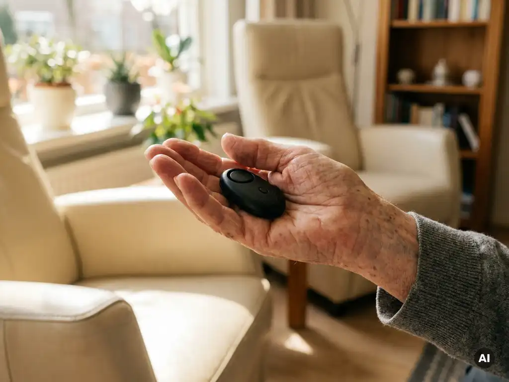 Oudere hand met rimpels houdt een zwart persoonlijk alarmsysteem vast in een zonnige Nederlandse woonkamer.