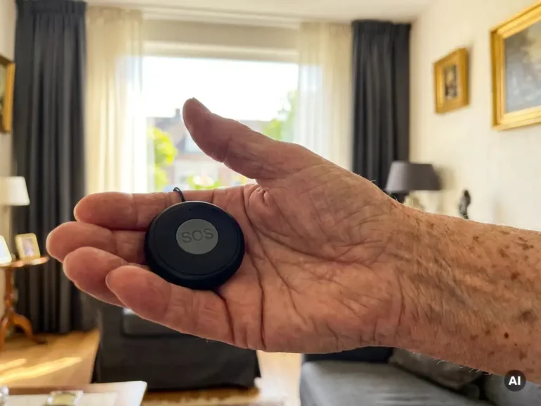 Bejaarde hand met zichtbare aderen houdt een zwart SOS-alarm pendant vast in een warme Nederlandse woonkamer.