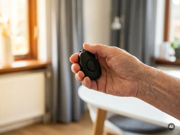 Bejaarde hand met zichtbare rimpels houdt een zwart persoonlijk alarm met SOS-knop vast in een lichte Nederlandse woning.