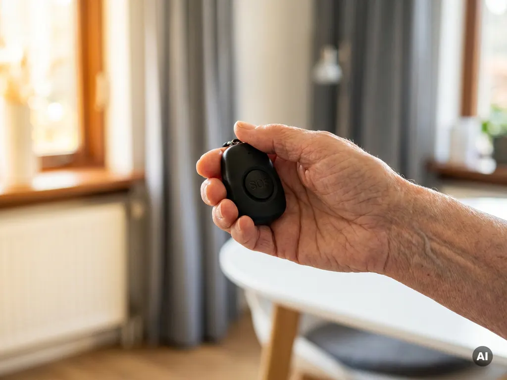 Bejaarde hand met zichtbare rimpels houdt een zwart persoonlijk alarm met SOS-knop vast in een lichte Nederlandse woning.