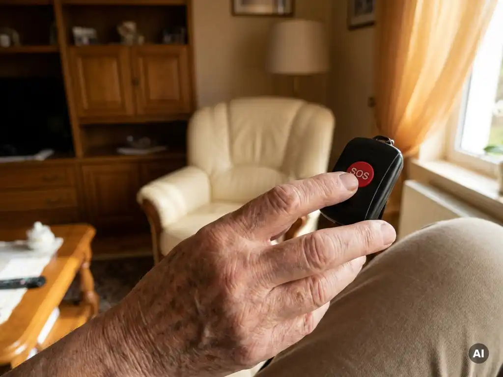 Oudere hand met rimpels en ouderdomsvlekken die op de SOS-knop van een zwart persoonlijk alarmpendant drukt.