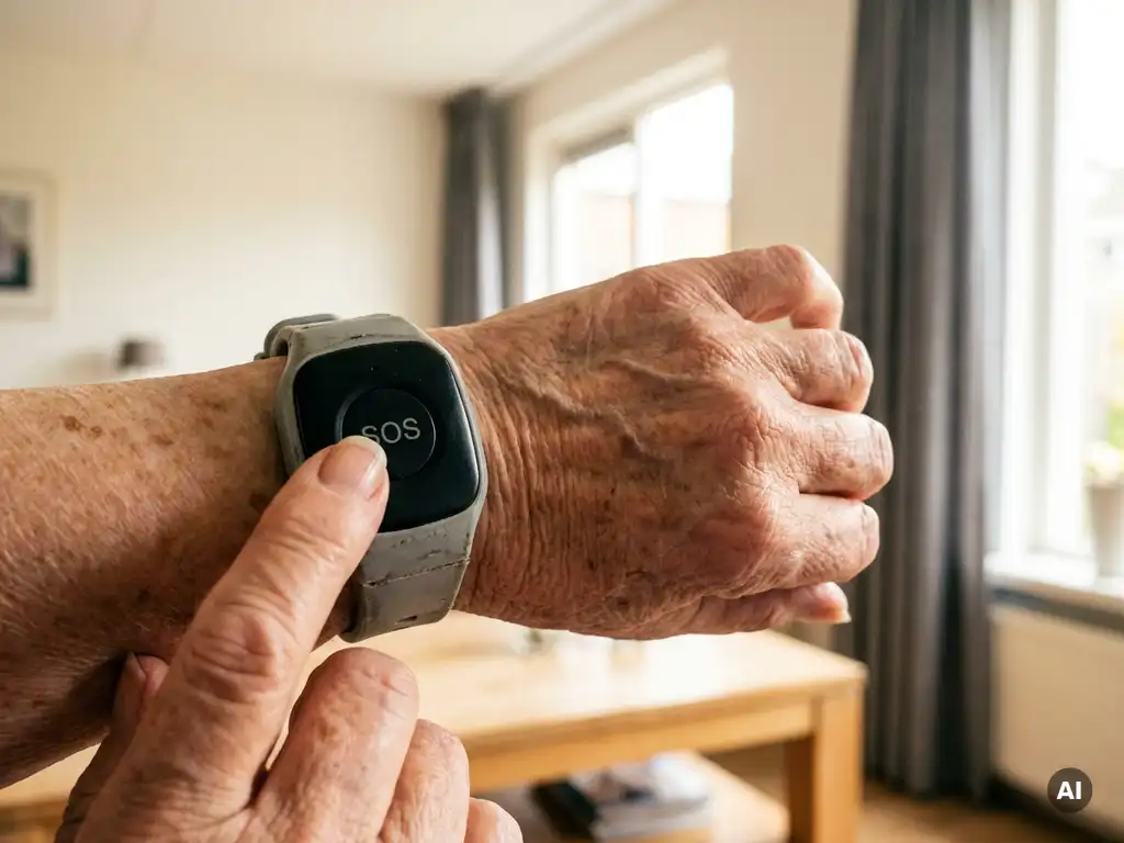 Oudere hand met rimpels en leeftijdsvlekken die op een zwarte SOS-alarmknop van een persoonlijk alarmeringsapparaat drukt.