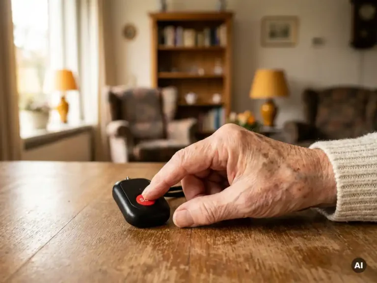 Oudere hand met zichtbare aderen die op de SOS-knop van een zwart persoonlijk alarmpendant drukt, warm daglicht, gezellig Nederlands interieur op de achtergrond.