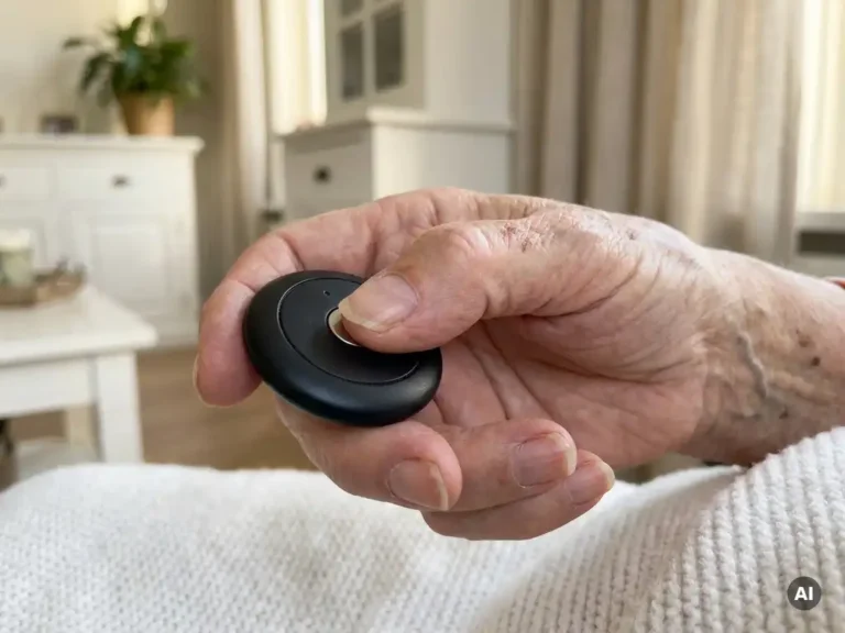 Oudere hand met zichtbare aderen drukt op een zwarte SOS-alarmknop in een lichte Nederlandse woning.