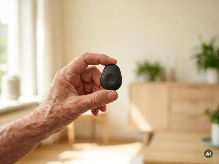 Bejaarde hand met leeftijdsvlekken houdt een zwart SOS-persoonlijk alarm vast met zichtbare noodknop.