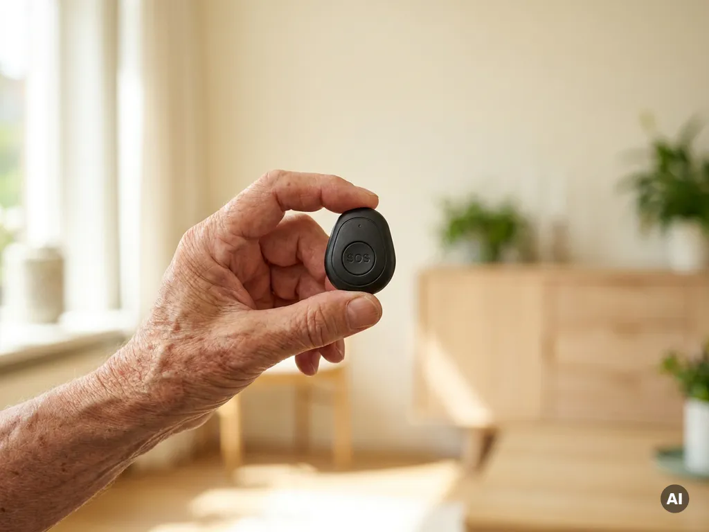 Bejaarde hand met leeftijdsvlekken houdt een zwart SOS-persoonlijk alarm vast met zichtbare noodknop.