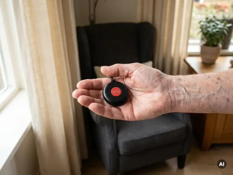 Bejaarde hand met leeftijdsvlekken en rimpels houdt een zwart SOS-alarm pendant vast in een lichte Nederlandse woonkamer.