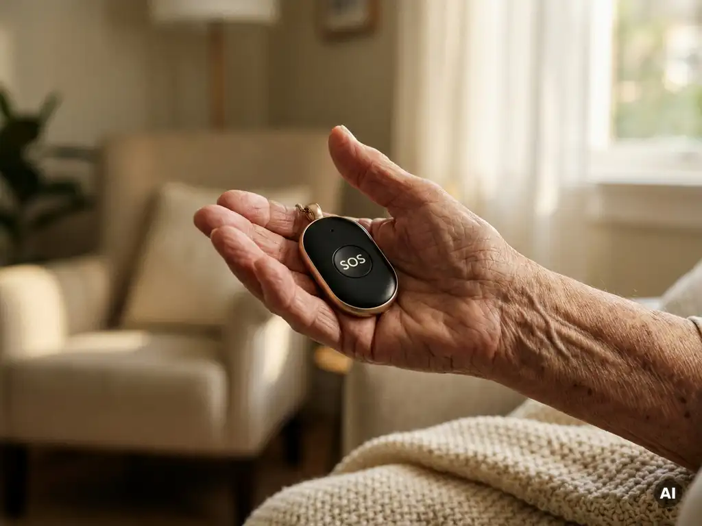 Bejaarde hand met zichtbare aderen houdt zwart SOS-alarm pendant vast in verlichte woonkamer.