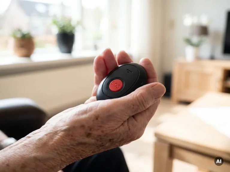 Bejaarde hand met leeftijdsvlekken houdt een zwart SOS-alarmknop persoonlijk alarm vast in lichte Nederlandse woonkamer.