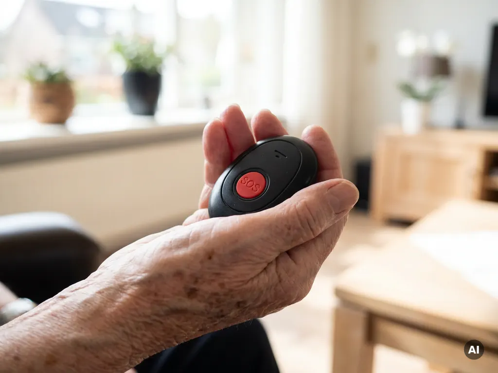 Bejaarde hand met leeftijdsvlekken houdt een zwart SOS-alarmknop persoonlijk alarm vast in lichte Nederlandse woonkamer.
