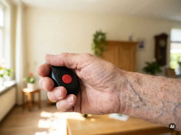 Bejaarde hand met leeftijdsvlekken houdt een zwart SOS-persoonlijk alarm vast, noodknop zichtbaar, Nederlandse woonkamer op de achtergrond.