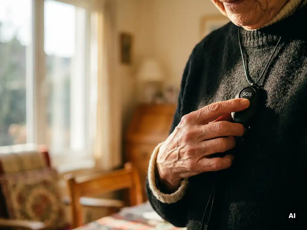 Bejaarde hand die een zwart SOS-alarmknop draagt bij de borst, warm daglicht in Nederlandse woning.