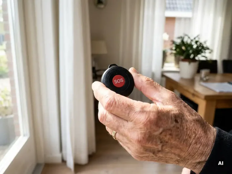 Bejaarde hand met rimpels en ouderdomsvlekken houdt een zwart SOS-alarmpendant vast in een lichte Nederlandse woning.