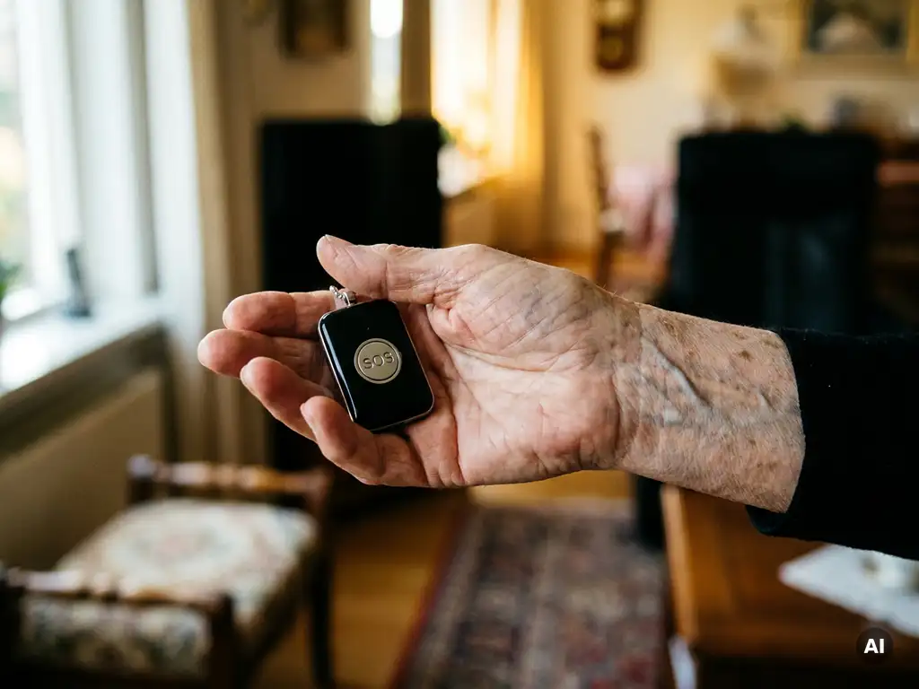 Bejaarde hand met zichtbare aderen en leeftijdsvlekken houdt een zwart SOS-alarm pendant vast in warm Nederlands interieur.