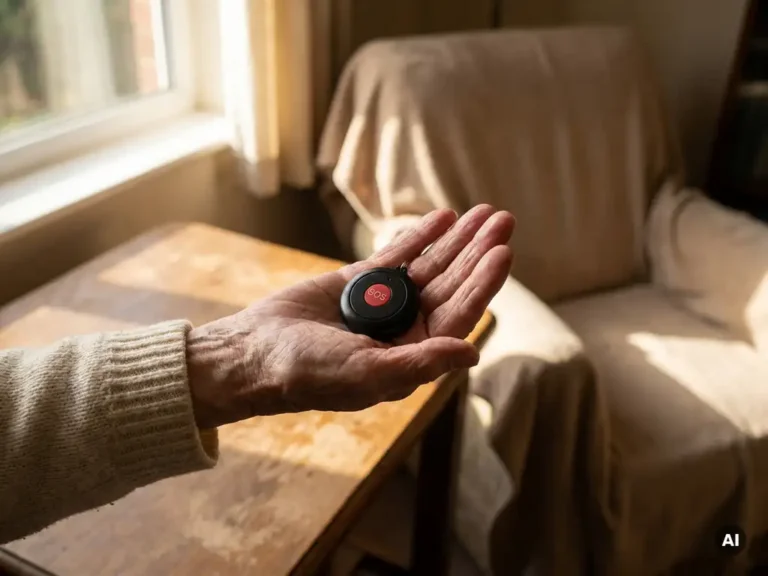 Bejaarde hand met leeftijdsvlekken houdt een zwart SOS-persoonlijk alarm vast in warm daglicht.