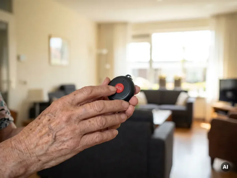 Oudere hand met rimpels en ouderdomsvlekken die op een zwart persoonlijk alarm drukt met prominente SOS-knop.