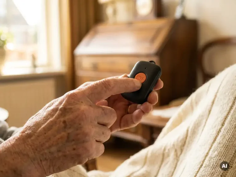 Oudere hand met rimpels en leeftijdsvlekken die op de SOS-knop van een zwart persoonlijk alarmpendant drukt, lichte Nederlandse woonkamer op achtergrond.