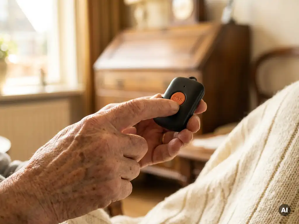 Oudere hand met rimpels en leeftijdsvlekken die op de SOS-knop van een zwart persoonlijk alarmpendant drukt, lichte Nederlandse woonkamer op achtergrond.