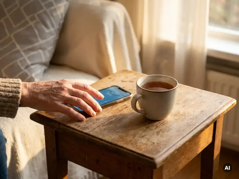 Oudere hand reikt naar smartphone op houten bijzettafel naast dampende thee, warm daglicht in gezellig Nederlands interieur.