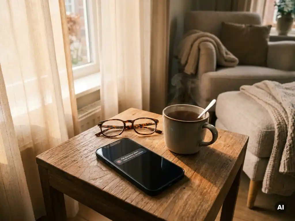 Smartphone op houten bijzettafel met valdetectiemelding op scherm, leesbril en kopje thee erbij, warm daglicht door gordijnen.
