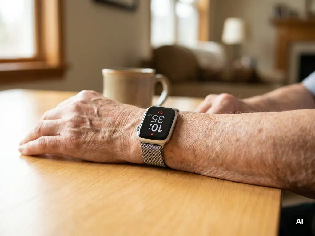 Smartwatch op de pols van een oudere persoon, rustend op een houten tafel in warm natuurlijk daglicht.