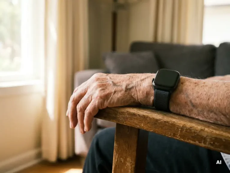Smartwatch om de pols van een oudere persoon, rustend op een houten armleuning in een lichte Nederlandse woonkamer.