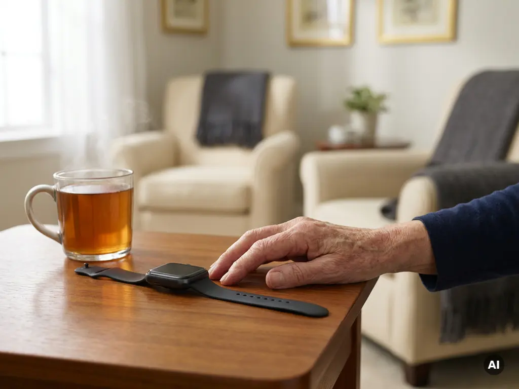 Zwart smartwatch op houten bijzettafel naast dampende thee, hand van oudere persoon zichtbaar op de achtergrond, warm natuurlijk daglicht.