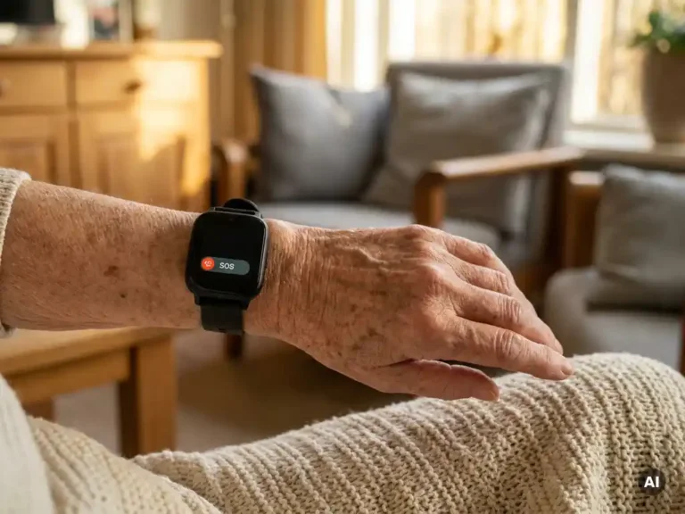 Bejaarde hand met leeftijdsvlekken draagt een zwarte smartwatch met SOS-knop in een warm, zonnig Nederlands interieur.