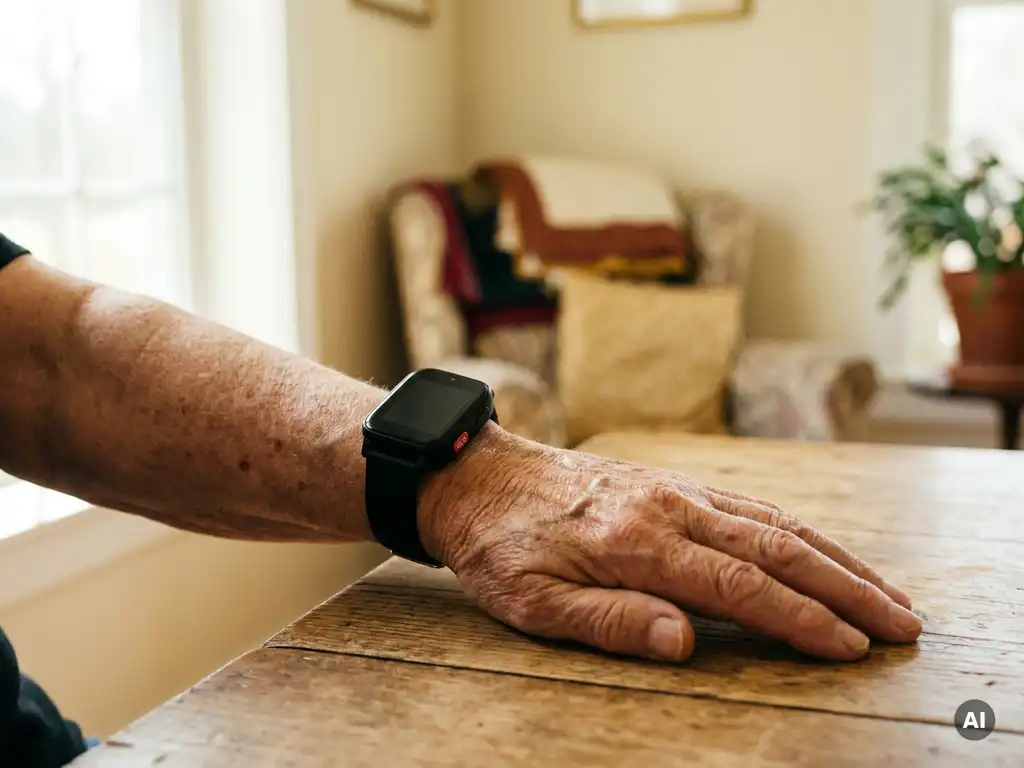 Oudere hand met leeftijdsvlekken draagt een zwarte smartwatch met SOS-knop op een zonnig houten tafelblad.
