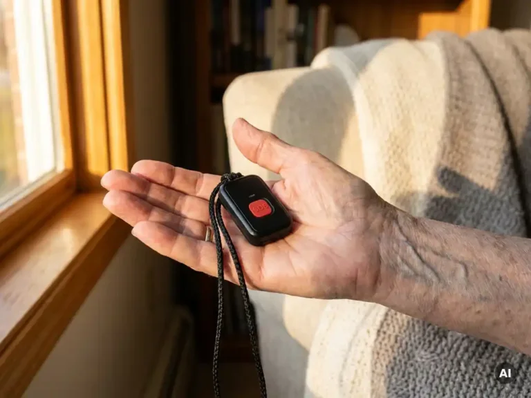 Bejaarde hand met zichtbare aderen houdt een zwarte SOS-alarmhanger vast, SOS-knop duidelijk zichtbaar, warm daglicht in woonkamer.