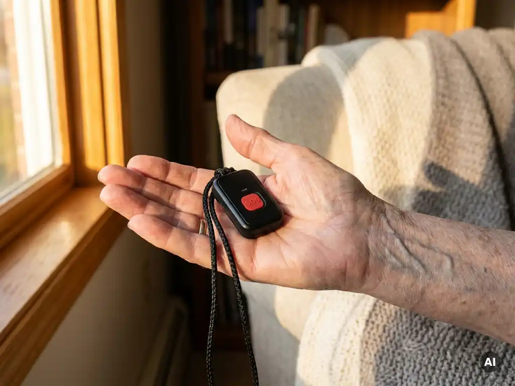 Bejaarde hand met zichtbare aderen houdt een zwarte SOS-alarmhanger vast, SOS-knop duidelijk zichtbaar, warm daglicht in woonkamer.