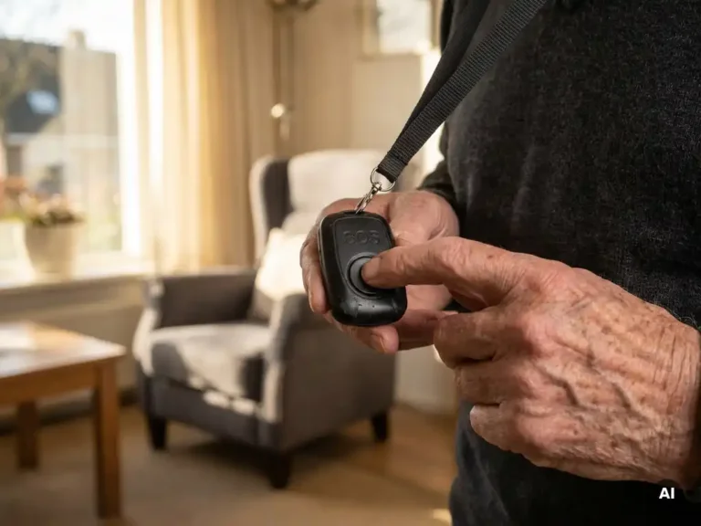 Oudere hand met rimpels en leeftijdsvlekken die op een zwart SOS-alarmknopje drukt, warm daglicht in Nederlandse woonkamer.