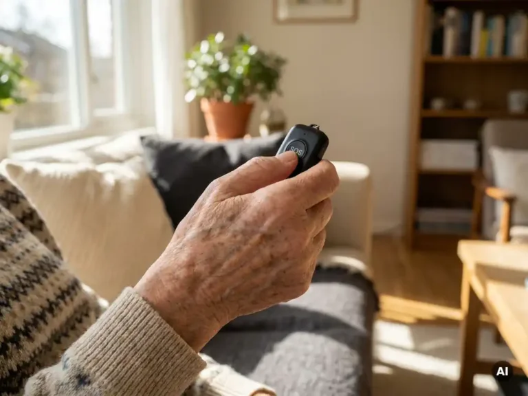 Oudere hand met rimpels en leeftijdsvlekken die een zwart SOS-alarmknop vasthoudt bij de borst in een zonnige woonkamer.