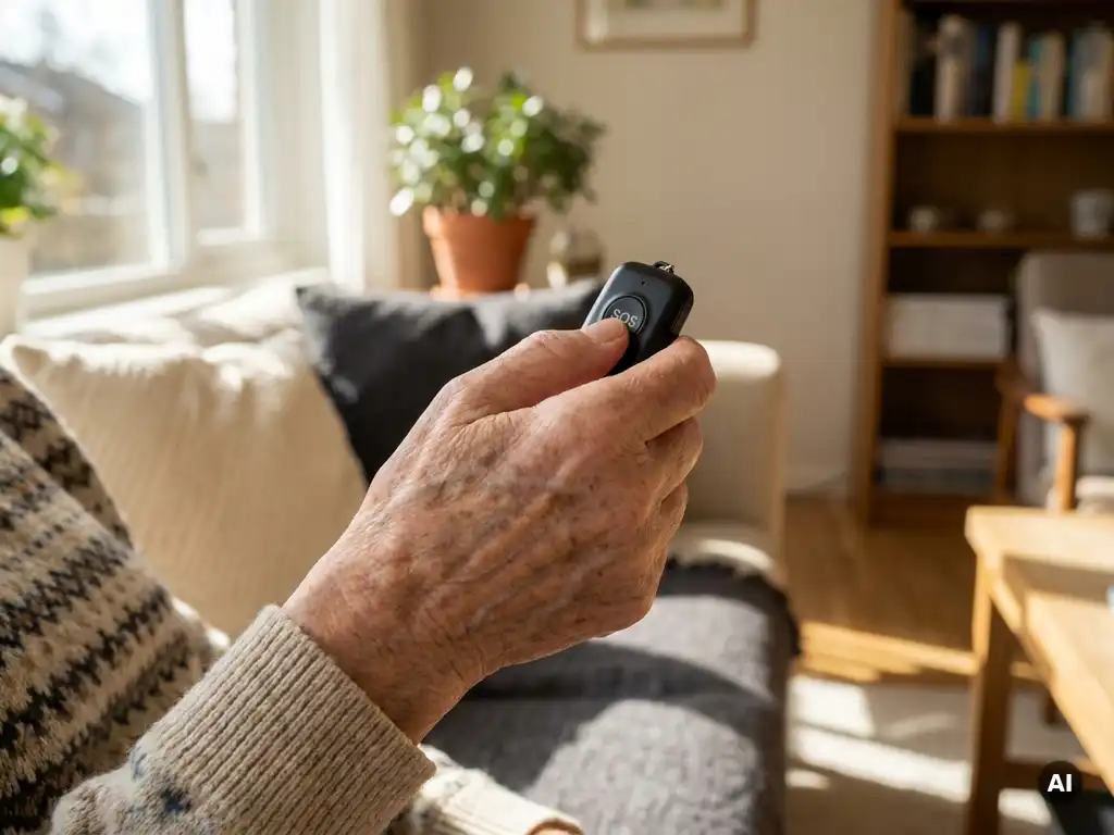 Oudere hand met rimpels en leeftijdsvlekken die een zwart SOS-alarmknop vasthoudt bij de borst in een zonnige woonkamer.