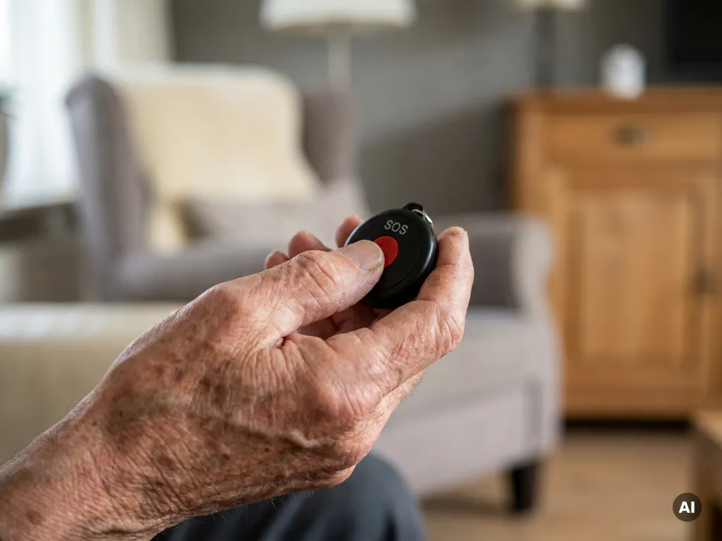 Oudere hand met leeftijdsvlekken houdt een zwart SOS-alarmpendant vast in een warme Nederlandse thuisomgeving.