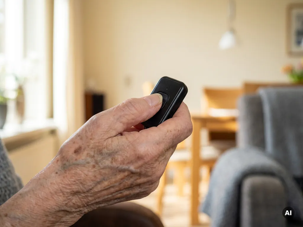 Oudere hand met zichtbare aderen drukt op zwarte SOS-alarmhanger voor persoonlijke veiligheid en zelfstandigheid thuis.