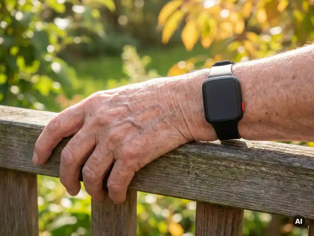 Oudere hand met zichtbare aderen op houten tuinreling, zwart SOS-alarmhorloge om de pols, zonnige Nederlandse tuin op de achtergrond.